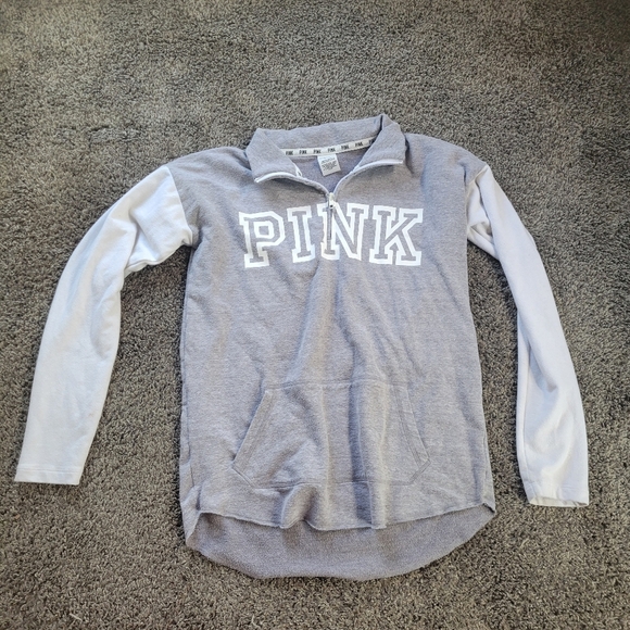 PINK Logo Three-Quarter Zip Up Pull Over Collar Size Gray White Small - Picture 2 of 11